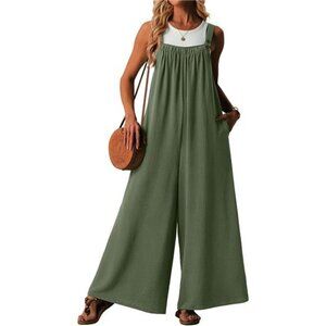 Women's Green Casual Jumpsuits Boho Wide Leg Rompers Sleeveless Flowy wide-leg